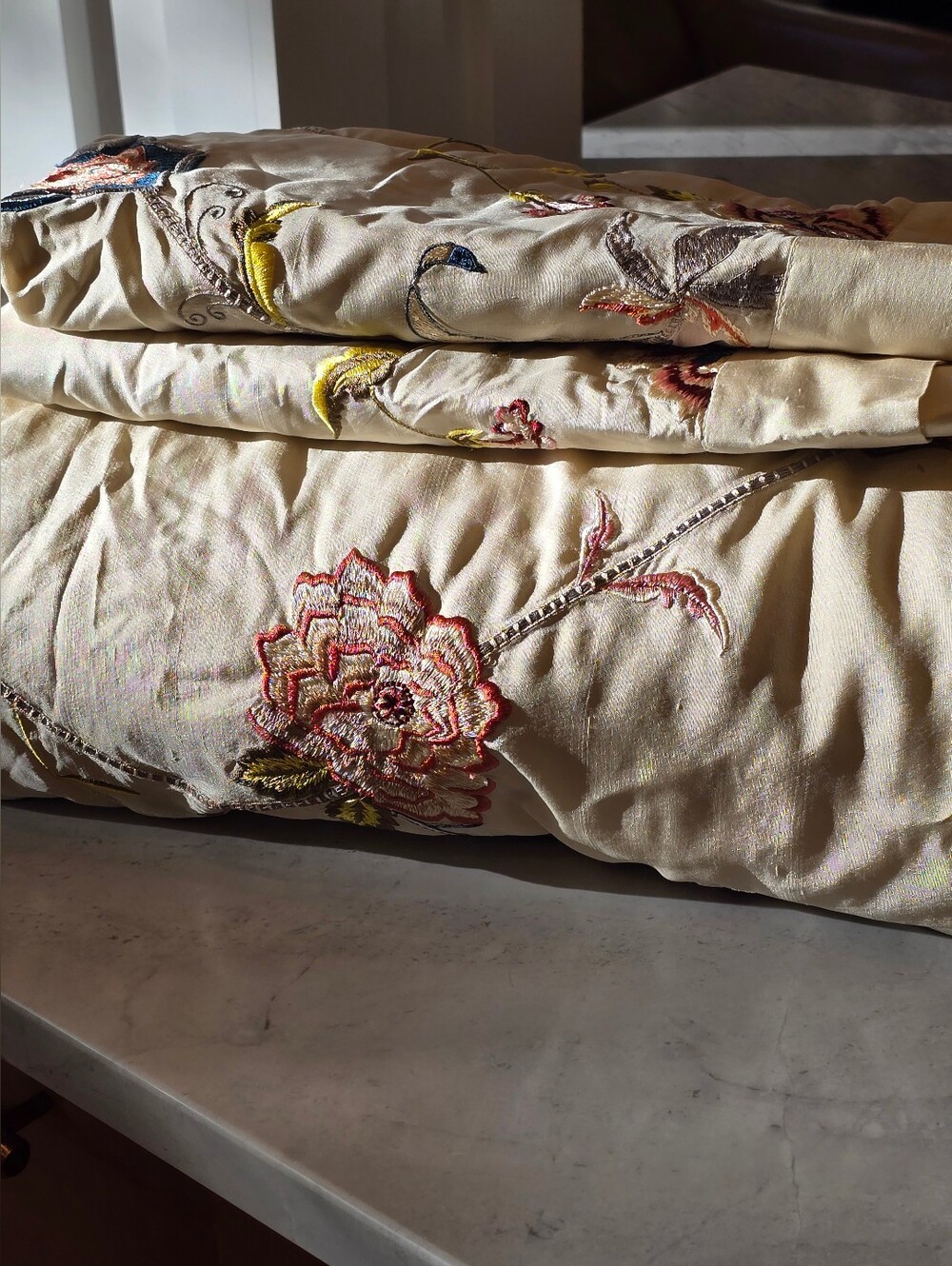 Vintage Silk Ethan Allen Queen Duvet Cover & 2 Standard Pillow Shams Embroidered